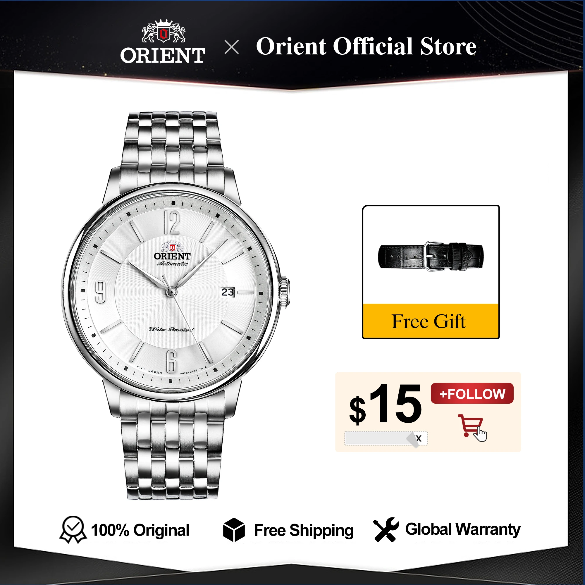 

Original Orient Mechanical Watch for Men,Japanese Business Watch Stainless Steel See-Through Case Back Simple Style