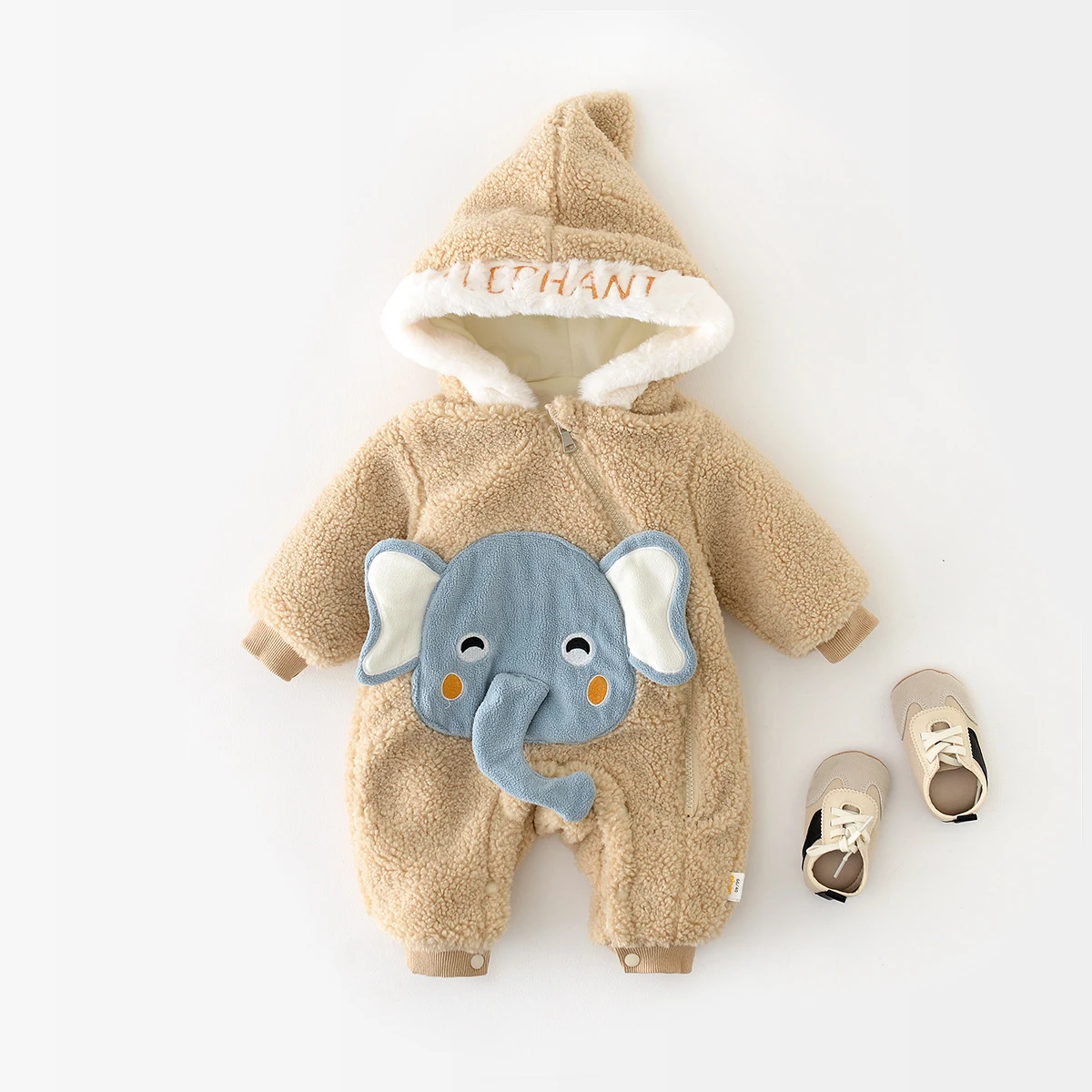 

Детский комбинезон с капюшоном, зимний теплый комбинезон с длинным рукавом, в Корейском стиле, с изображением слона, для новорожденных мальчиков и девочек