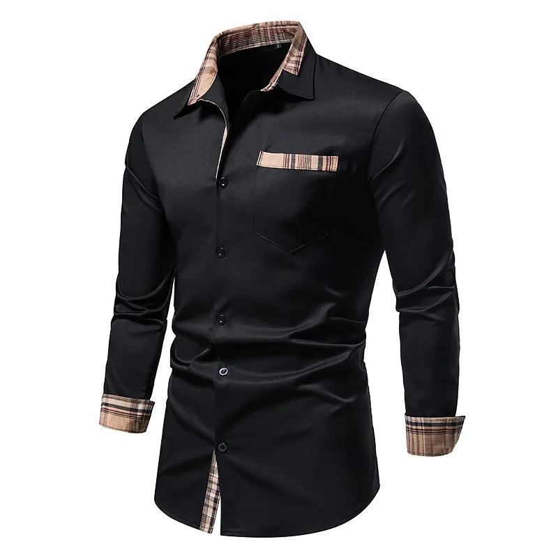 2022 Men Plaid Patchwork Formal Shirts for Slim Long Sleeve White Button Up Spring Business Office  landuxiu
