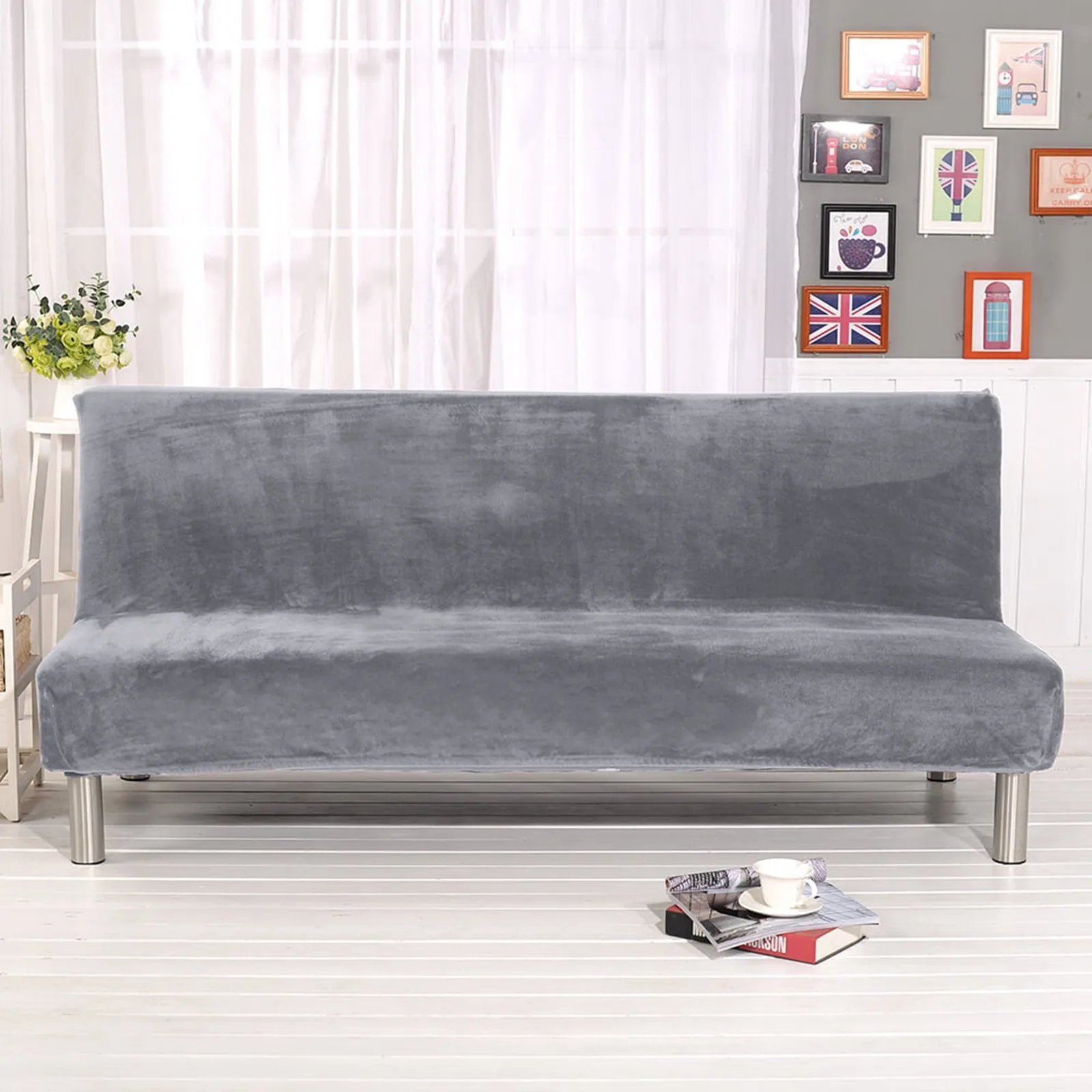 

Solid Color Armless Sofa Bed Cover Elastic Cheap Couch Covers for Living Room Washable Removable Slipcovers Folding Settee Case