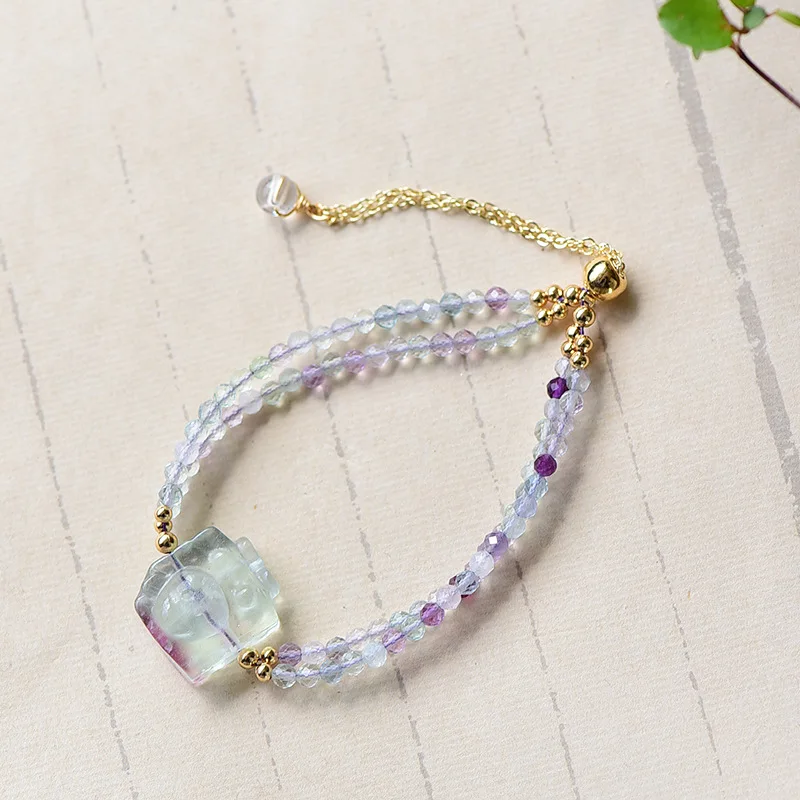 

18KGF Natural Stone Fluorite Colorful Beads Bracelet Round Ball Bracelet for Women Lucky Fine Jewelry