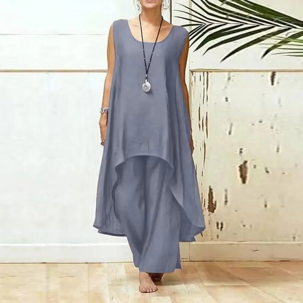 

2Pcs/Set Top Pants Set Thin Loose Outfit Elastic Waistband Simple Casual Retro Loose Wide Leg Outfit Daily Garment