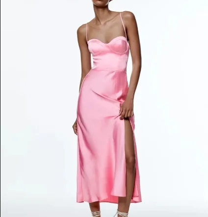 

Temperament Silk Satin Texture Dress High-quality Slit Women's Summer New Sexy Backless Suspender Skirt Slim Sexy Dress
