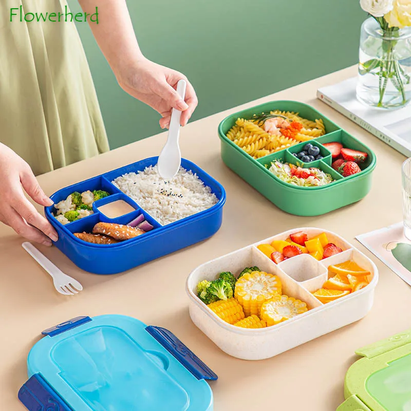 

Sealed Lunch Box with Salad Container Sauce Grid 1300ml 4 Compartment Bento Box Leakproof for Lunch Kids Adults Microwave Safe