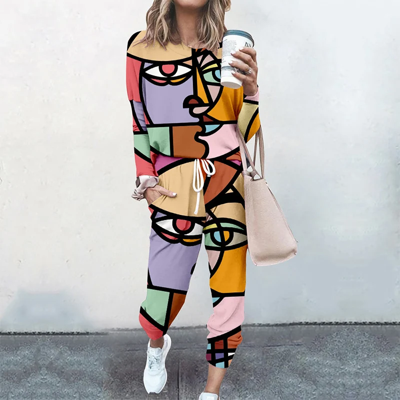 

Women 2 Piece Sets Pullovers Cloting Long Sleeve Abstract Print Female Tops And Elastic Waist Pants Casual Streetwear Tracksuit