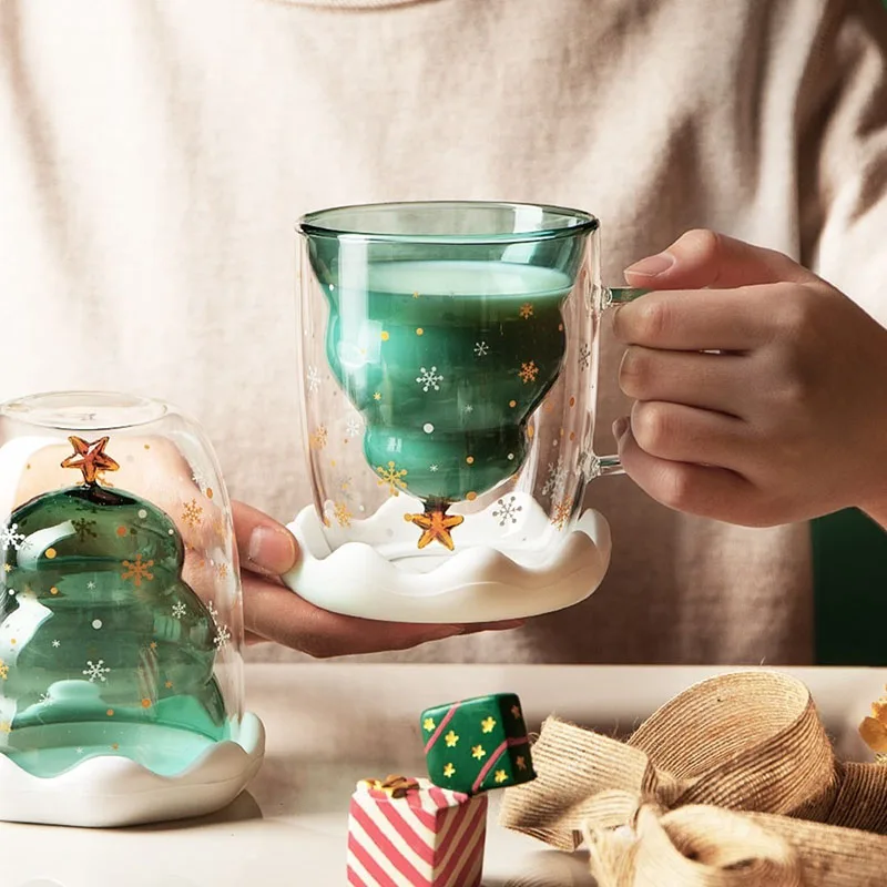 

Double Layer Glass Cup Thicken Xmas Tree snowflake Shape Creative 3D Transparent Coffee Mug Juice Cup Children's Christmas Gift