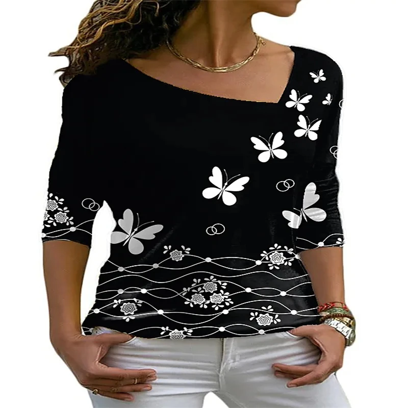 

2021 Autumn New Street wear Fashion V-Neck Long Sleeve Midi Top Tee Print 3D Shirt for Women Casual Loose Pullover Tunic