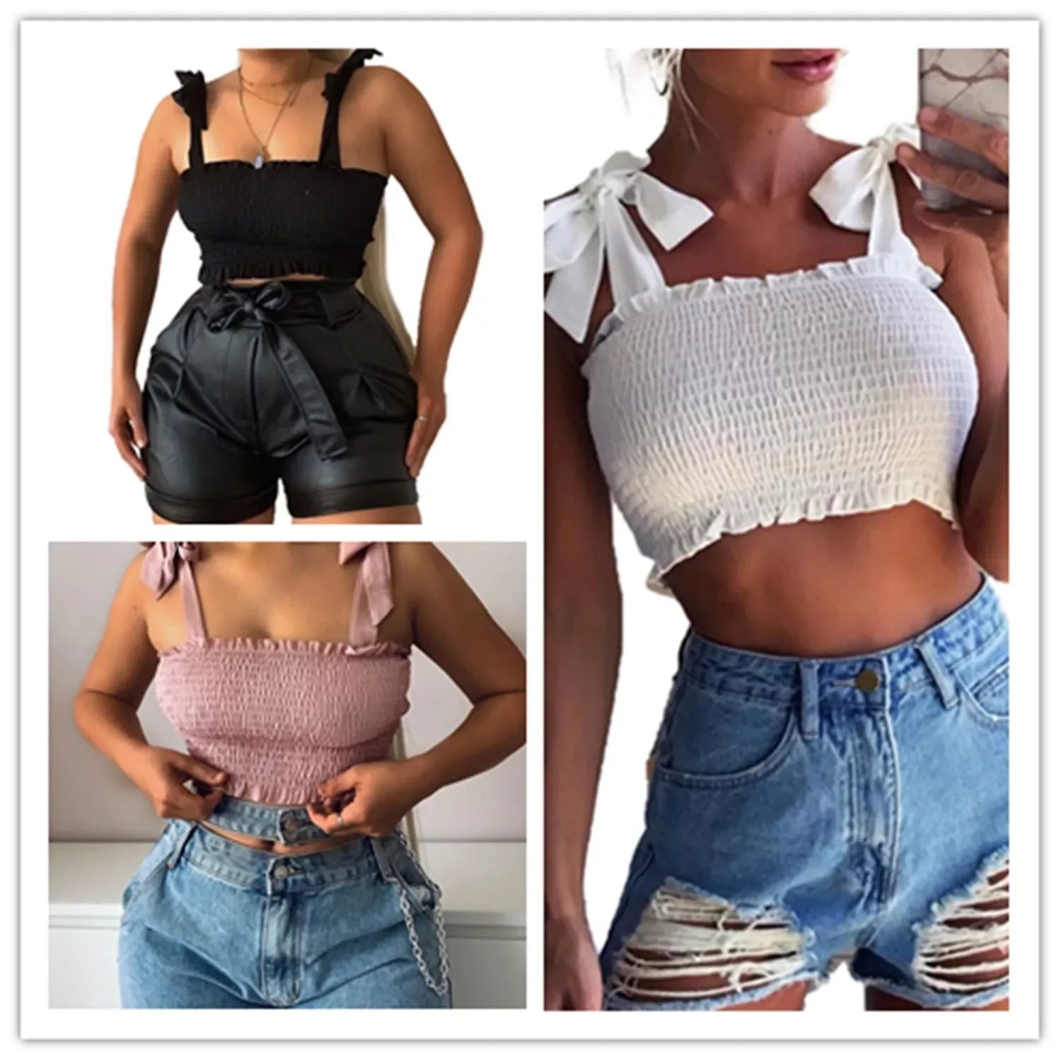 

BB Women's Bow Camisole Summer Fashion Sexy Pleated Lace Up Cropped Top Solid Color