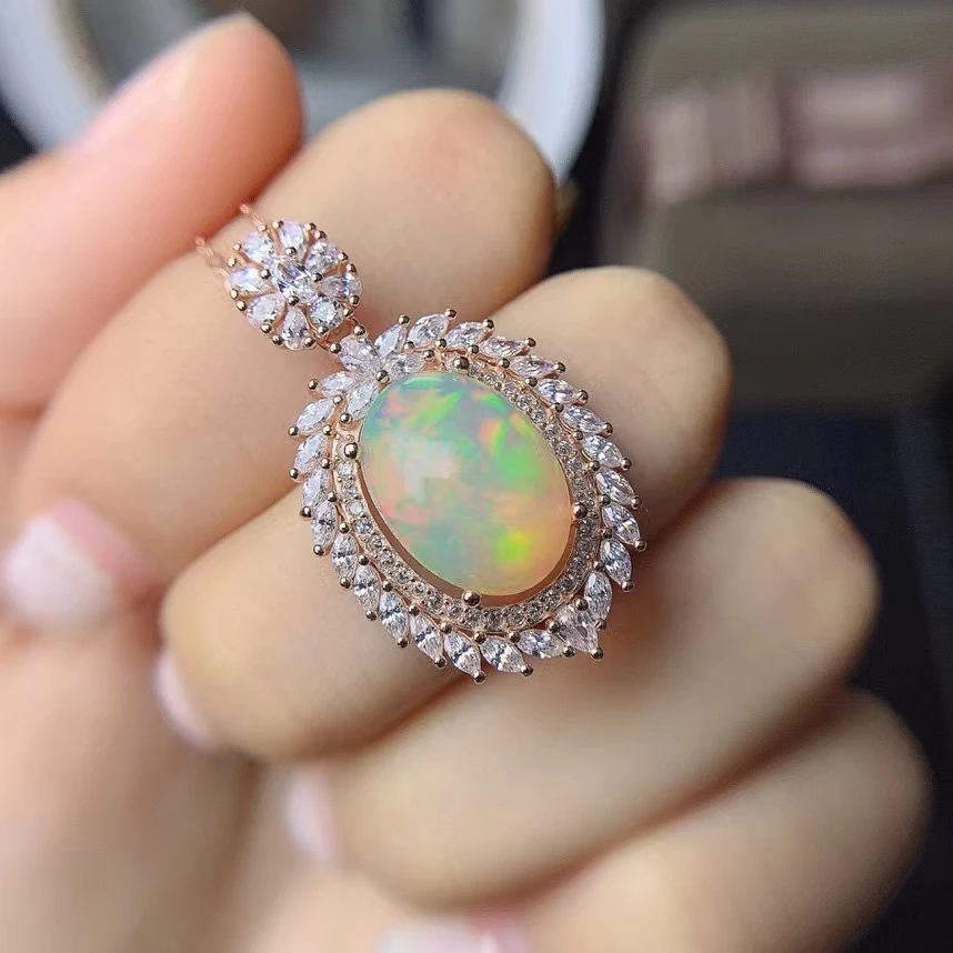 

MeiBaPJ Luxurious Natural Opal Gemstone Flower Pendant Necklace 925 Pure Silver Colorful Stone Fine Wedding Jewelry for Women