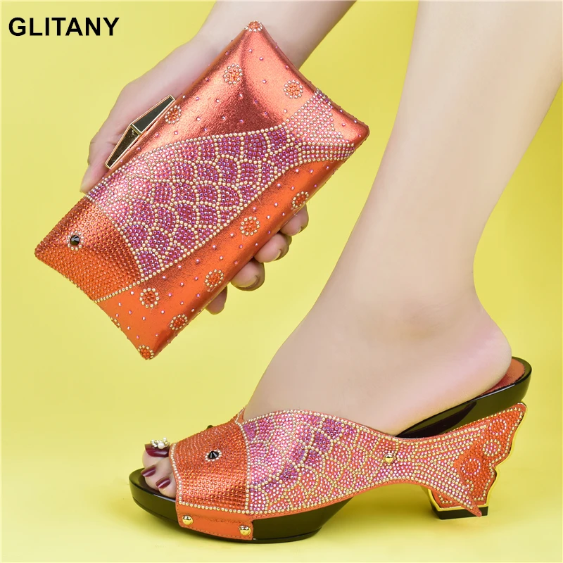 

Новинка, свадебные туфли оранжевого цвета для женщин в африканском стиле, высококачественные элегантные Итальянские женские туфли с камнями на высоком каблуке, женские туфли-лодочки