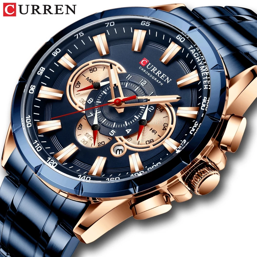 

CURREN New Sport Chronograph Men Watches Stainless Steel Band Big Dial Blue Quartz Wristwatch with Luminous Pointers Mens Watch