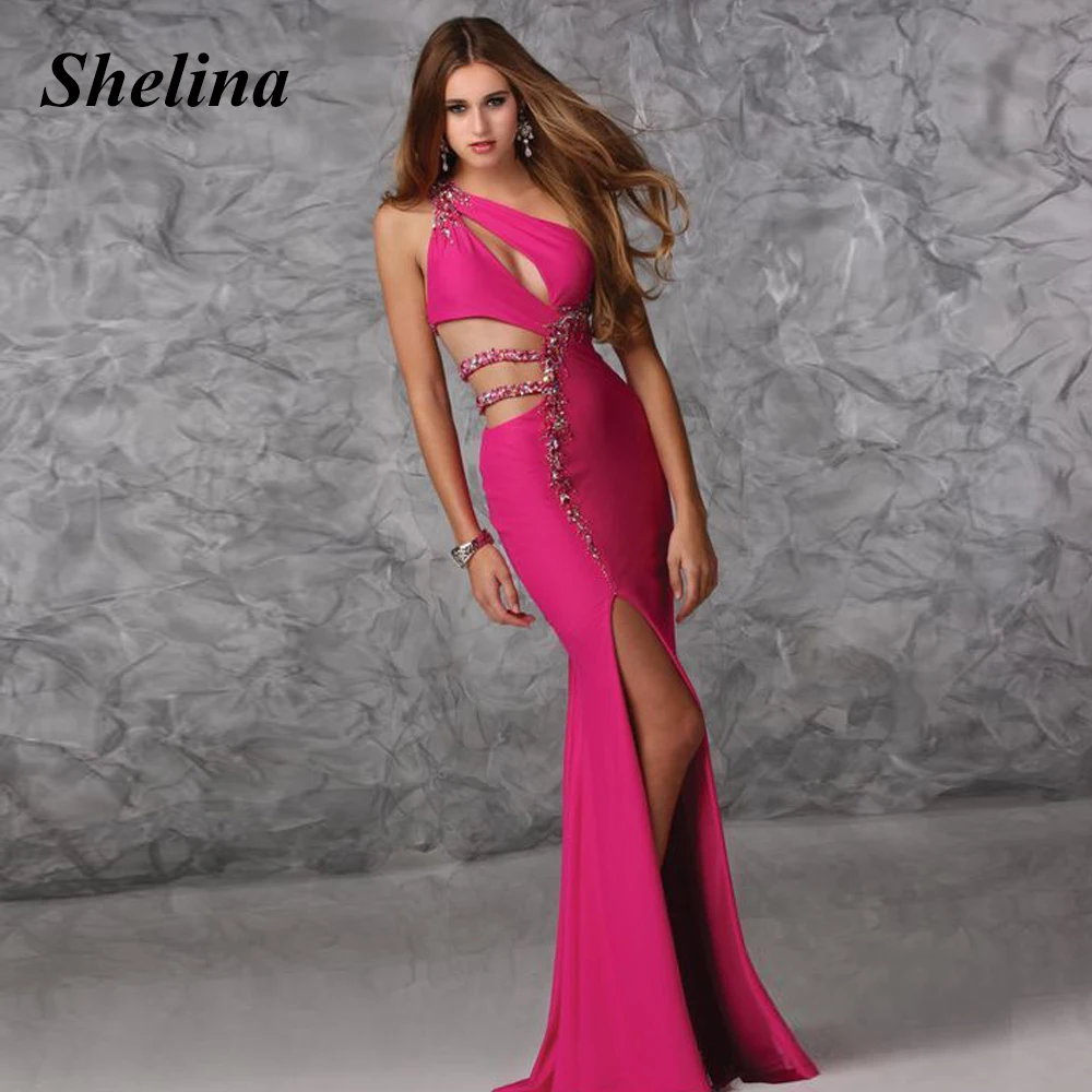 

Shelina Attractive Trumpet Formal Evening Gowns One-Shoulder Cut-out Split Crystal Sweep Train Robes De Soirée Customized