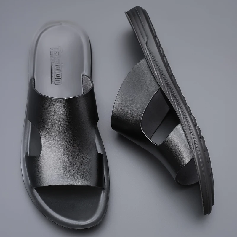 For Men High Quality 2023 New Fashion Flats Summer Beach Soft Leather Slides For Men Casual Outside Sandals