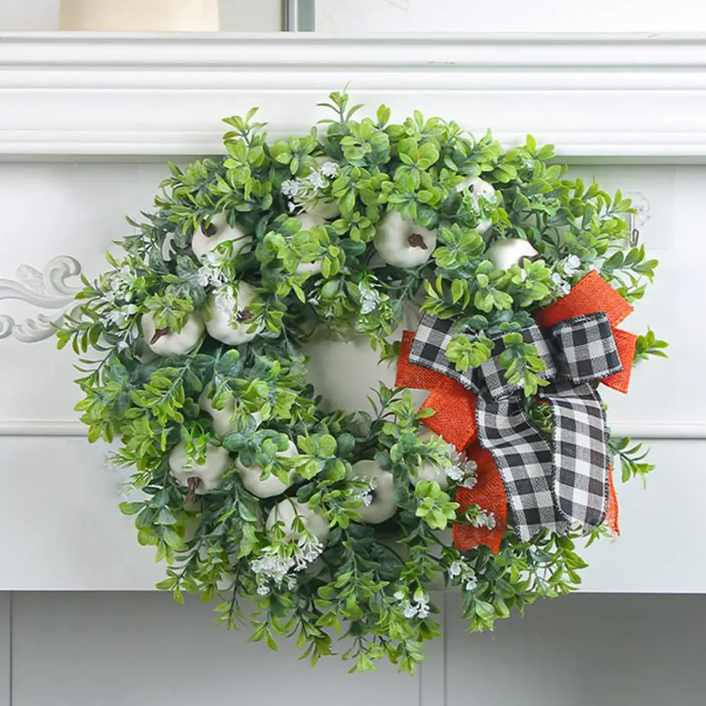 

Festive Door False Wreath Halloween Wreath Decoration Harvest Festival Plaid Bowknot Decor White Pumpkin Wreath Artificial