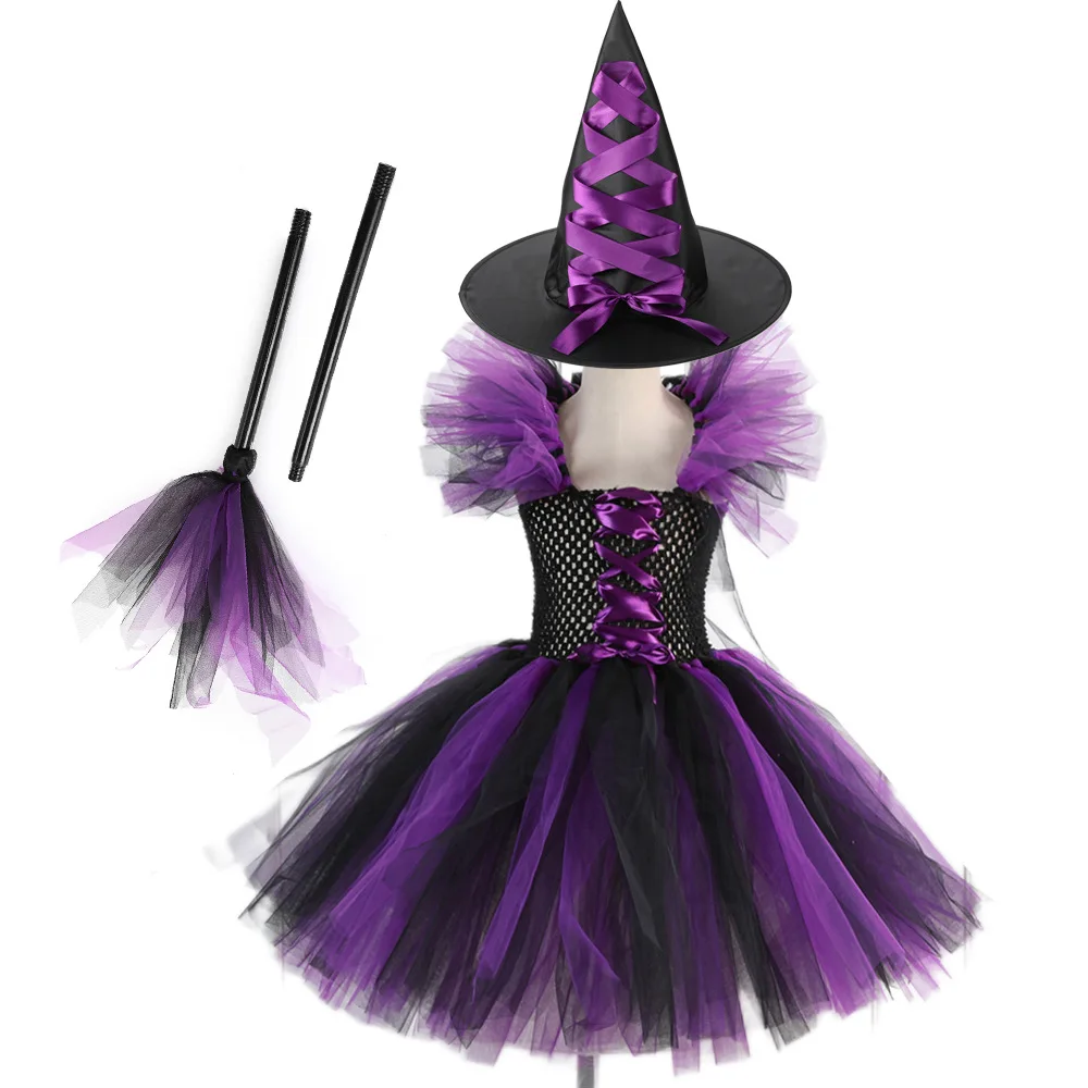 

Halloween Witch Costumes Girls Deluxe Kids Halloween Dress Witch Hat Broomstick Halloween Candy Bag Outfit for Party