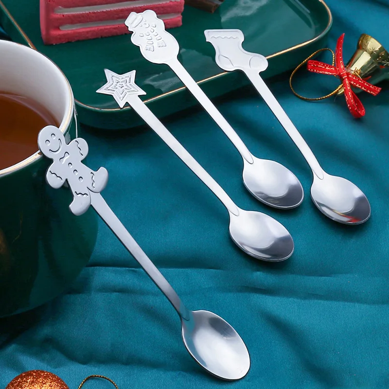 

1/4Pcs 10Styles Christmas Sock Star Snowman Gingerbread Shape Spoon Stainless Steel Coffee Dessert Kitchen Tableware Xmas Gift