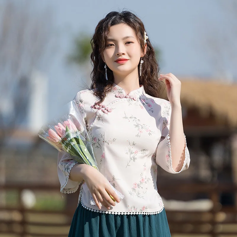 

2023 chinese women's tang suit chinese style vintage hanfu improved cheongsam button half sleeve stand collar short blouse g763