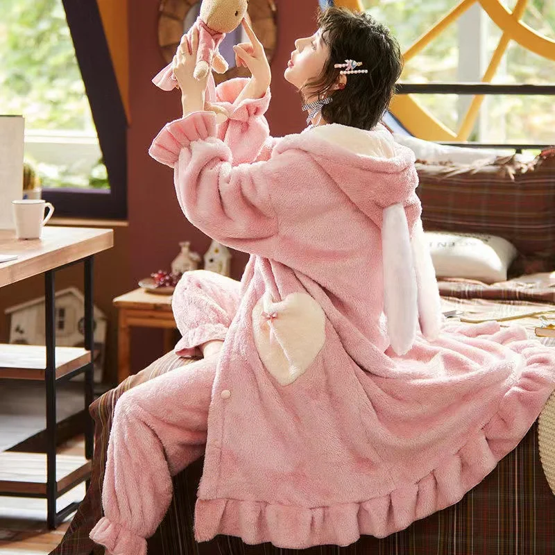 

Thicken Warm Flannel Robe Winter Long Sleeve Bathrobe Suit Sweet Cute Women's Pajama Set Hooded Coral Velvet Home Clothes