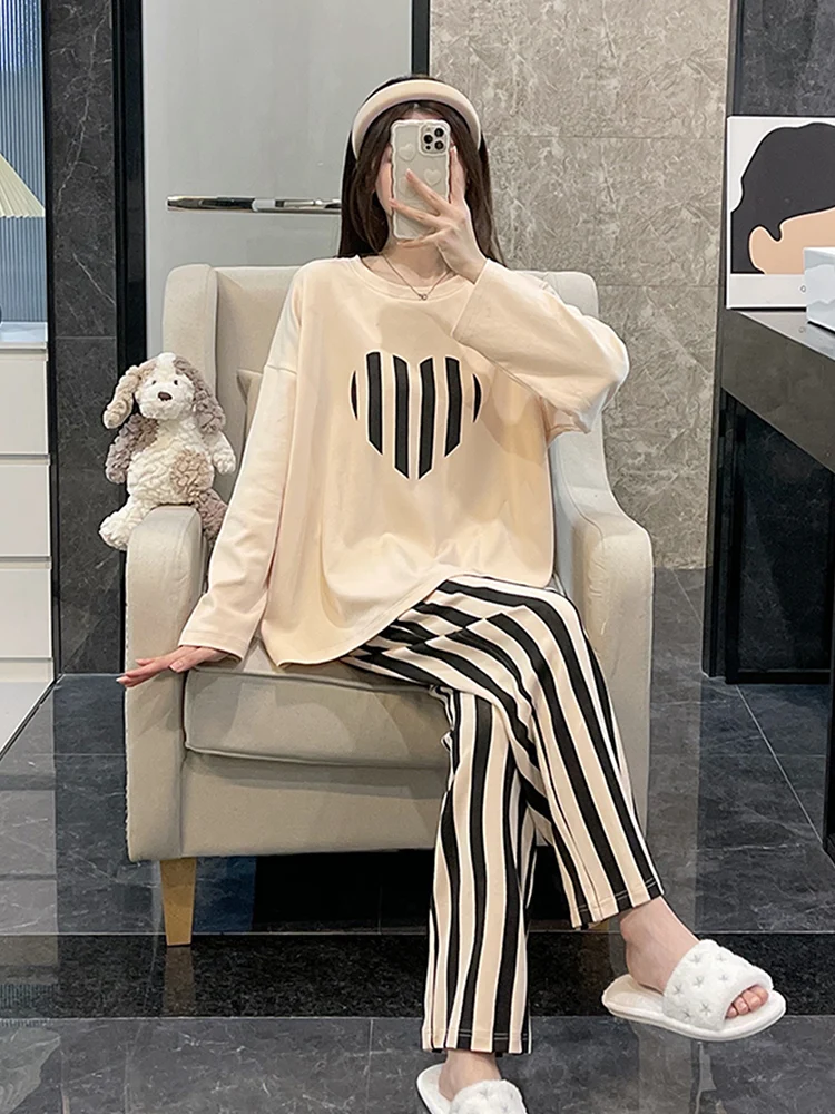 Pajamas Women Autumn and Winter Pure Cotton Long sleeve New Spring Summer Cute Set Plus size Student Hom...
