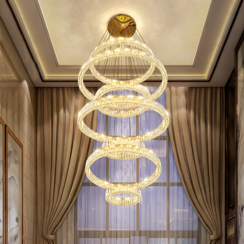 

Luxury Villa 5 / 7 Circles Led Pendant Lights Hotel Hall Modern 3 Side K9 Crystals Hanging Lamp Lustre Chrome / Gold Steel Lamp