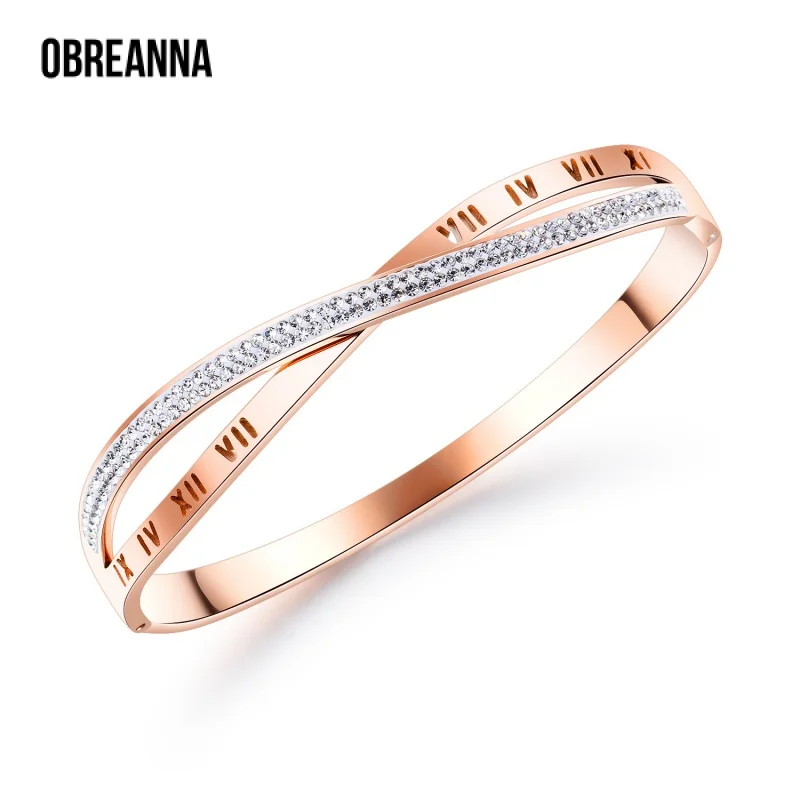 

New Elegant Accessories Roman Numeral Titanium Steel Ladies' Bracelet Rose Gold Plated Cross X-Shaped Diamond Jewelry Gift