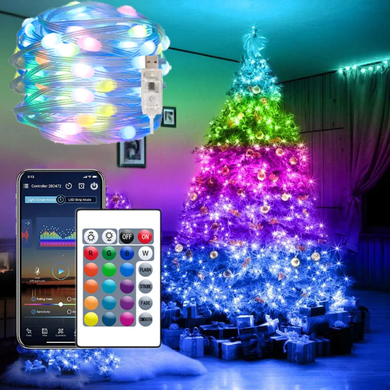 

Гирлянда с Bluetooth-управлением, разноцветная RGB-подсветильник КА для рождественской елки, украшение на день рождения, вечеринку, новый год