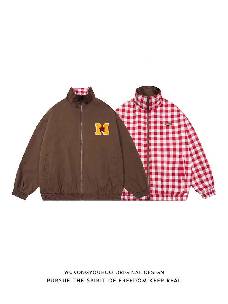 Wukong Goods зимняя клетчатая двусторонняя куртка в стиле ретро с воротником-стойкой