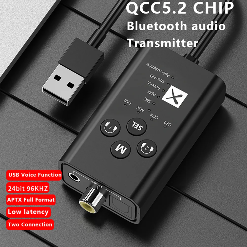 

QCC V5.2 24Bit USB 3.5mm Bluetooth Audio Receiver USB Audio Converter Fiber Coaxial AUX Output Digital Audio Converter for PC