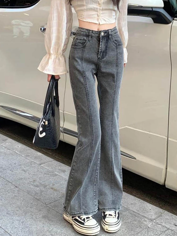 

Vintage Gray Women's Jeans Streetwear High Waist Flared Denim Pants Baggy Korean Fashion Girl Cowboy Jean Flared Trouser