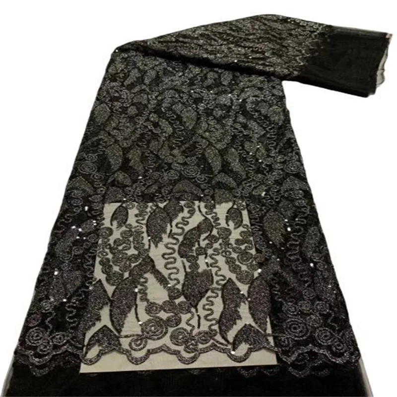 

Африканская кружевная черная Высококачественная блестящая сетчатая вышивка, 5 ярдов, французская кружевная ткань для свадебного выпускного вечера, для шитья женских платьев