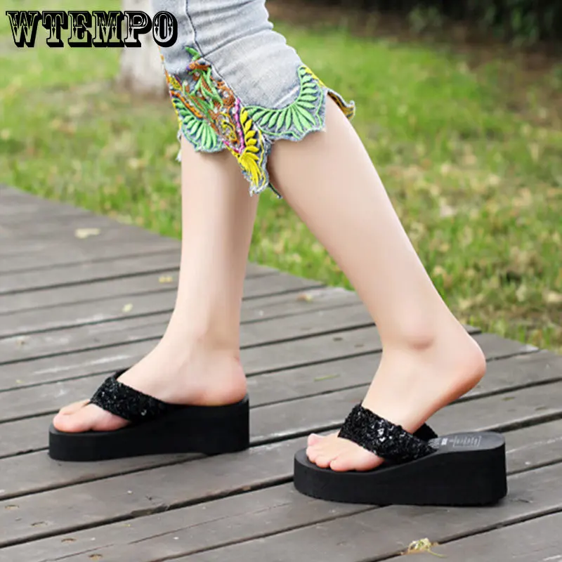 WTEMPO Women Summer Sandals Sequins Beach Female Flip Flops Girls High Heel Shoes for Platform Wedge Slippers Wholesale