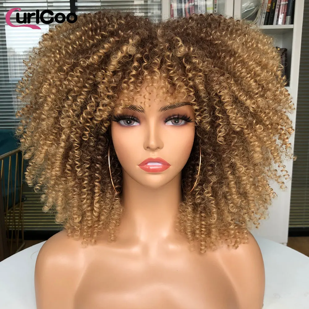 

14" Afro Kinky Curly Wigs With Bangs For Black Women Cosplay Lolita Synthetic Natural Hair Ombre Glueless Blonde BlackRed Wig