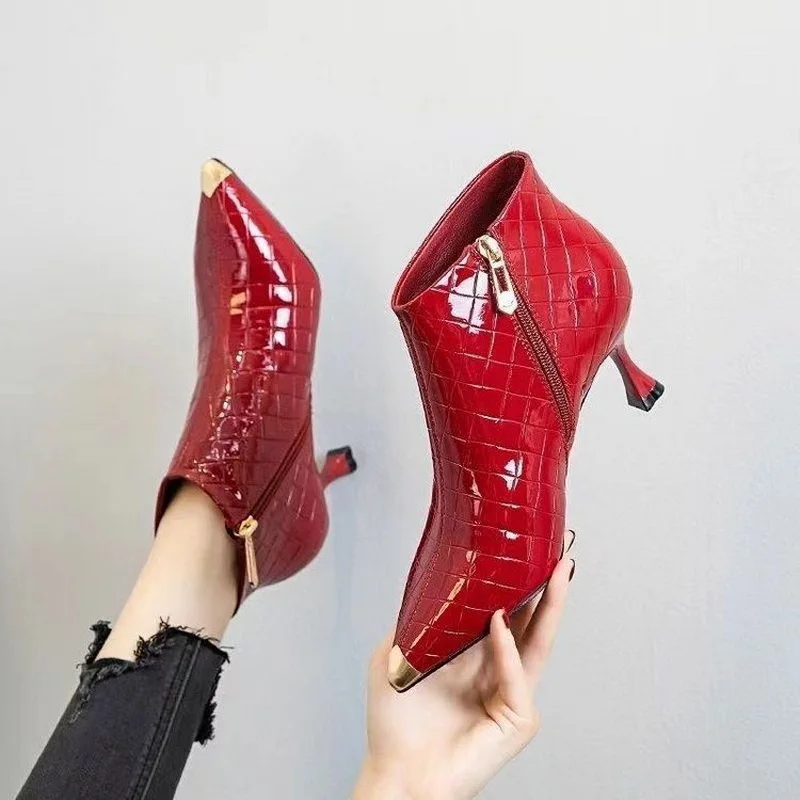

Женские ботильоны FHANCHU 2023, короткие ботинки на высоком каблуке, зимняя Свадебная обувь, заостренный носок, боковая молния, 34-40, черный, красный, бежевый, Прямая поставка