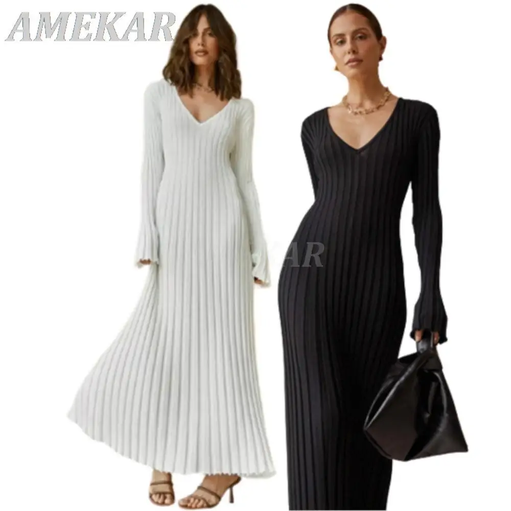 

Women's V-neck Sexy Slim Knitted Ribbed Maxi Dress Spring Elegant Long Sleeve Bodycon Dress Lady Casual Fashion Streetwear Dress