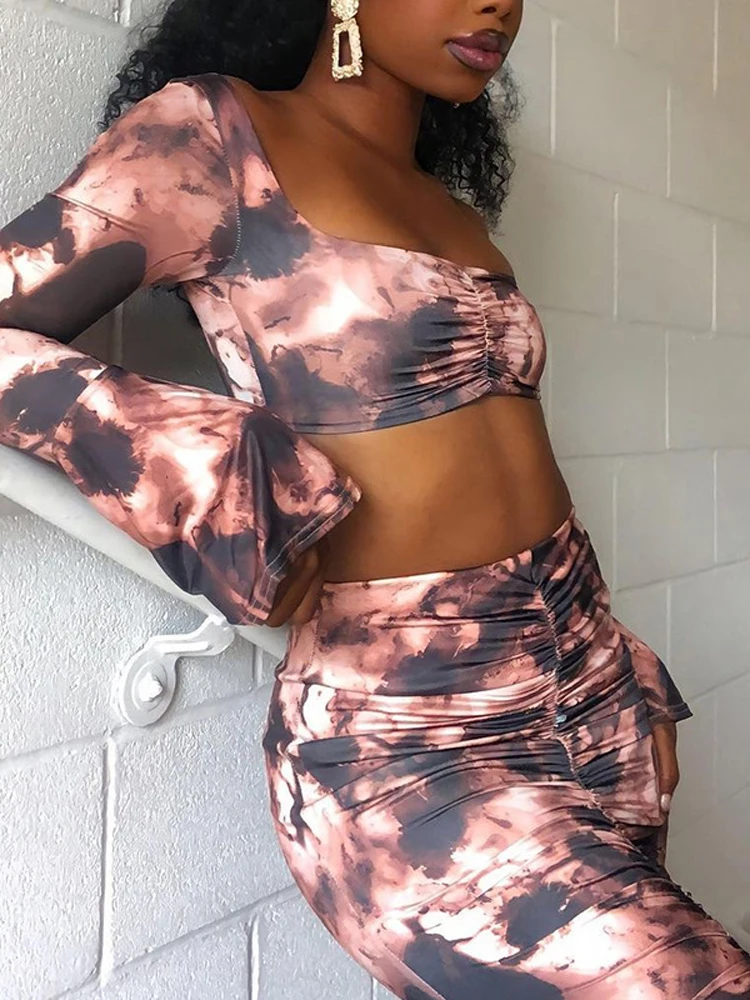 

Two Piece Set Women Printed Outfits Sexy Square Collar Flare Long Sleeve Crop Top+High Waist Slim Midi Skirts 2022 Spring Fall