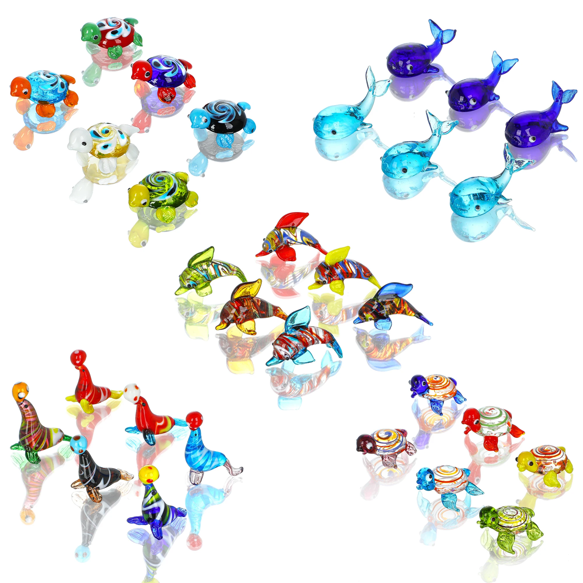 

H&D 6pcs Mini Blown Glass Figurines Handmade Sea Animals Collectibles Art Glass Tabletop Ornament Decorative