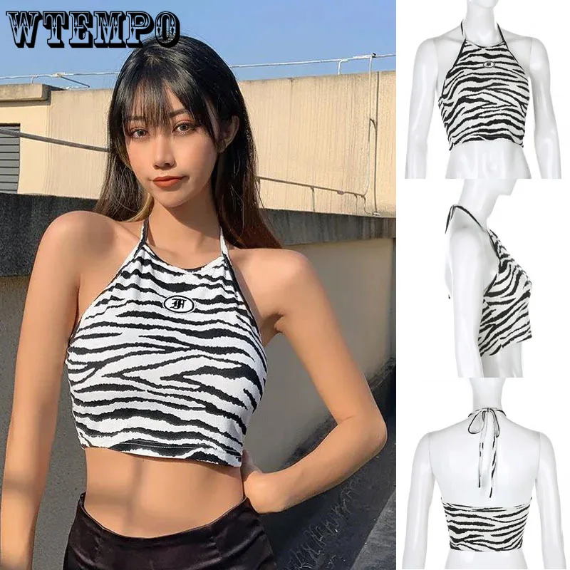 Ladies Short Top Sexy Vest Halter Strap Zebra Pattern Street Bottoming Shirt  Y2k Tops  Halter Top Wholesale Gothic Crop Top
