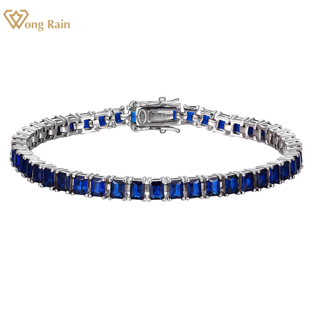 Wong Rain Classic 925 Sterling Silver 3*4MM Sapphire Created Moissanite Gemstone Bracelet Bangle Fine Jewelry Gifts Wholesale