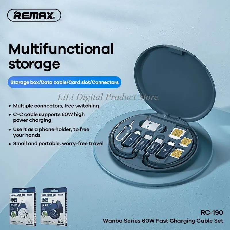 

Remax RC-190 60W Protable Fast Charging Cable Multi-function Data Cable Mobile Phone Holder Storage Box With Retrieve Card Pin
