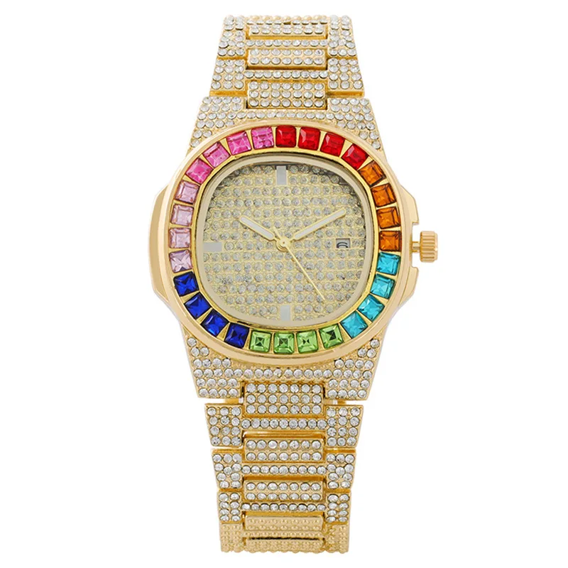 Luxury Round Quartz Rainbow Stone Dial Casual Watch Rhinestone Stainless Strap Fashionable Clock Waterproof Wristwatch for Women