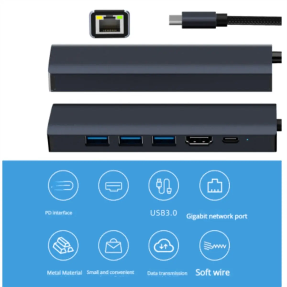 Фото Док-станция (A65I) PD RJ45 для Thunderbolt: адаптер Type-C на USB 3.0, разветвитель-хаб для ноутбука, USB-расширитель, гигабитный хаб №5