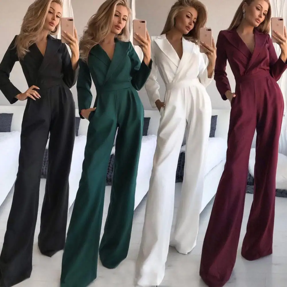 

2022 Spring Fall High Waist Long Sleeve Slim Fit Jumpsuit Women V-Neck Solid Wide Leg Pants with Pocket Office Ladies Jumpsuits