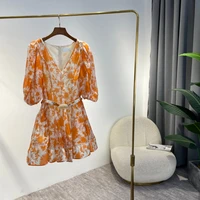 sweet style orange baroque floral print mini dresses for holiday 2022 new summer high quality silk linen women clothes
