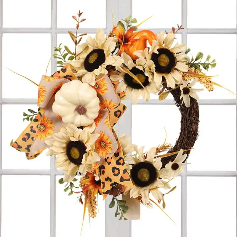 

Sunflower Door Wreath 15-inchAutumn Sunflower Wreath Maple Leaf And Pumpkin Front Door Decorations Door Wreaths Outside Fall