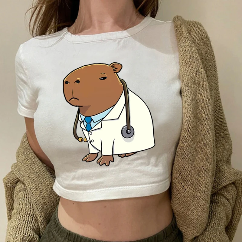 

Cute Capybara Doctor Costume Print Crop Tops Capybara Gangster Cartoon Graphic Women's Short Tshirt Harajuku Casual Y2K Baby Tee
