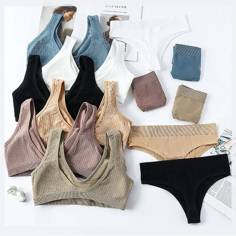 Women Seamless Bra Set Female Underwear Set Sexy Thong Low Waist Panties Wire Free Bra Sexy Lingerie Cotton Bra And Panty Set