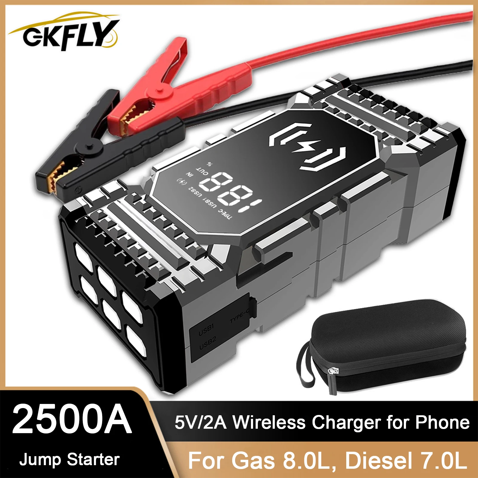 

GKFLY 2500A Car Jump Starter 24000mAh Power Bank with Wireless Charger Starting Device For 8L/7L Car Emergency Battery Booster