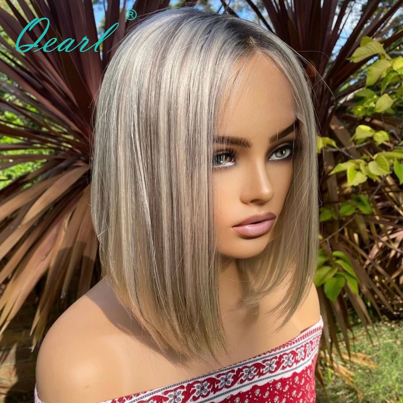 Straight Human Hair Wig Short Bob HD Lace Frontal Wig 13x4 Light Grey Ash blonde Highlights Color Remy Hair 150% Glueless Qearl