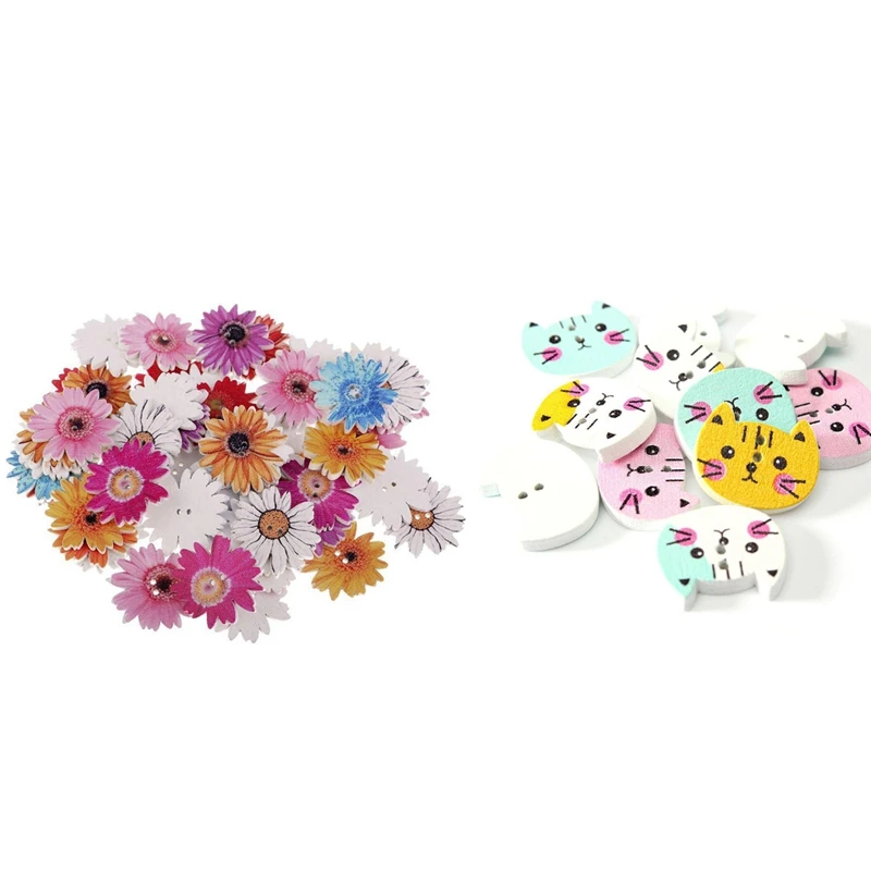 

100Pcs Animal Cat Wooden Button Sewing Scrapbooking Colorful 2 Holes & 50Pcs 25Mm Daisy Flower Wooden 2-Holes Buttons