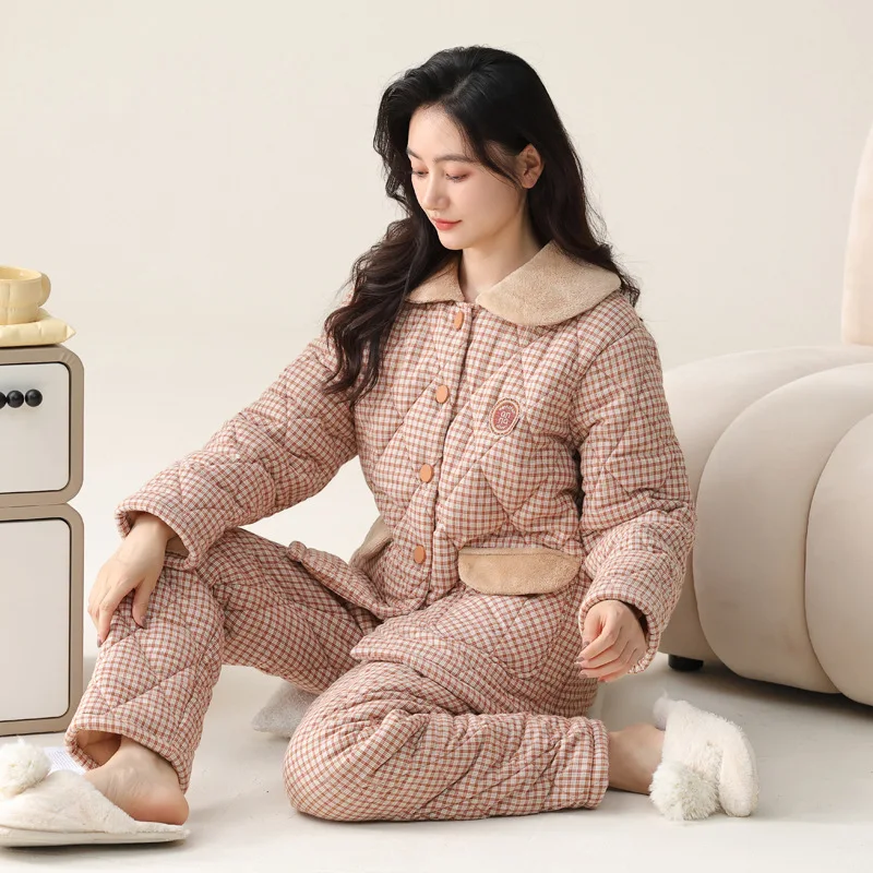 Японская трехслойная стеганая утепленная пижама GNCH женская зимняя тканая